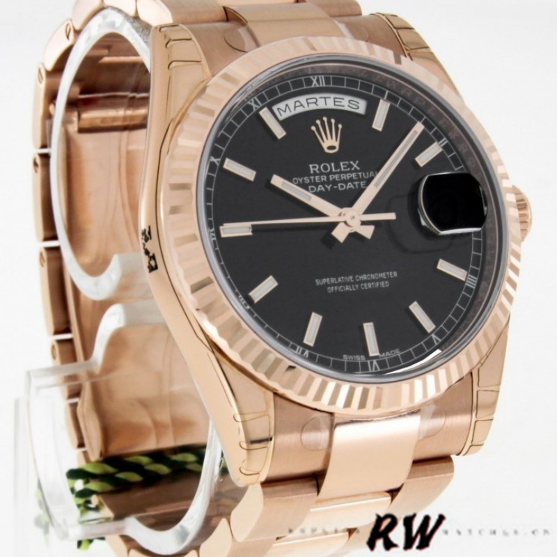 Rolex Day-Date 118235 Black Dial Fluted Bezel 36mm Unisex Replica Watch