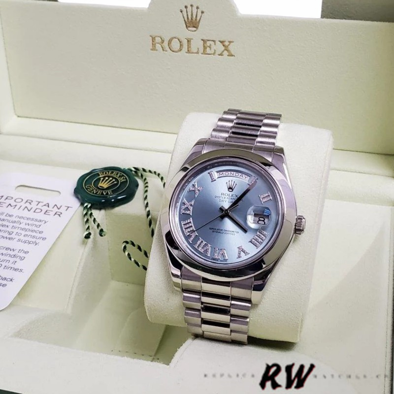 Rolex Day-Date 218206 Glacier Blue Diamond Roman Dial Platinum 41MM Mens Replica Watch