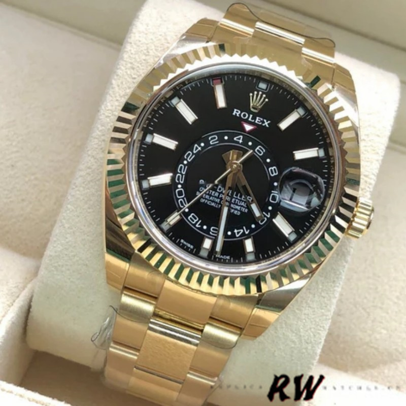 Rolex Sky-Dweller 326938 Yellow Gold Black Dial 42mm Mens Replica Watch