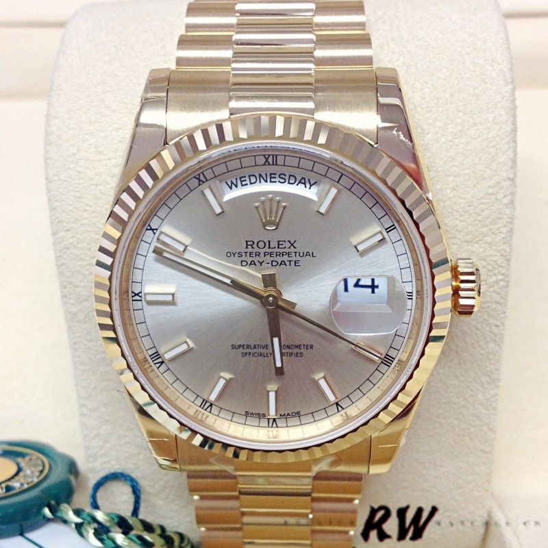 Rolex Day-Date 118238 Silver dial Fluted Bezel 36mm Unisex Replica Watch