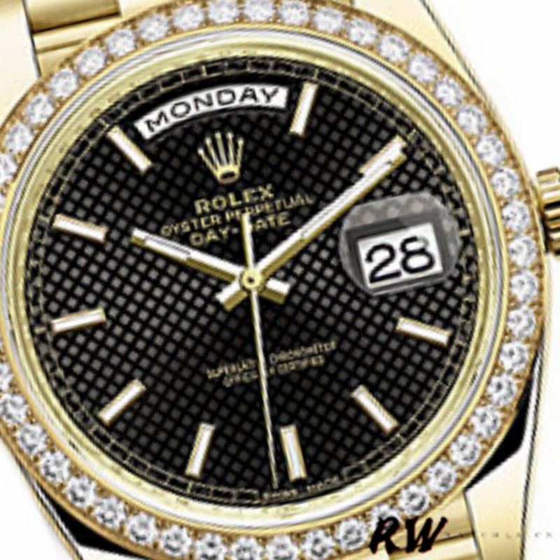 Rolex Day-Date 228348RBR Black Diagonal Motif Dial Diamond Bezel 40mm Mens Replica Watch