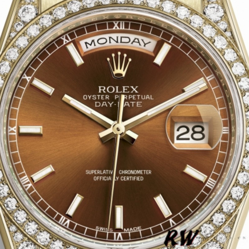 Rolex Day-Date 118388 Diamond Bezel Chocolate Brown Dial 36MM Unisex Replica Watch