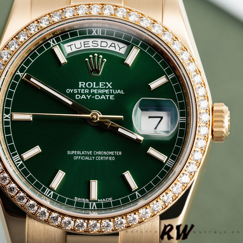 Rolex Day Date 118348 Green Index Dial Yellow Gold 36mm Unisex Replica Watch