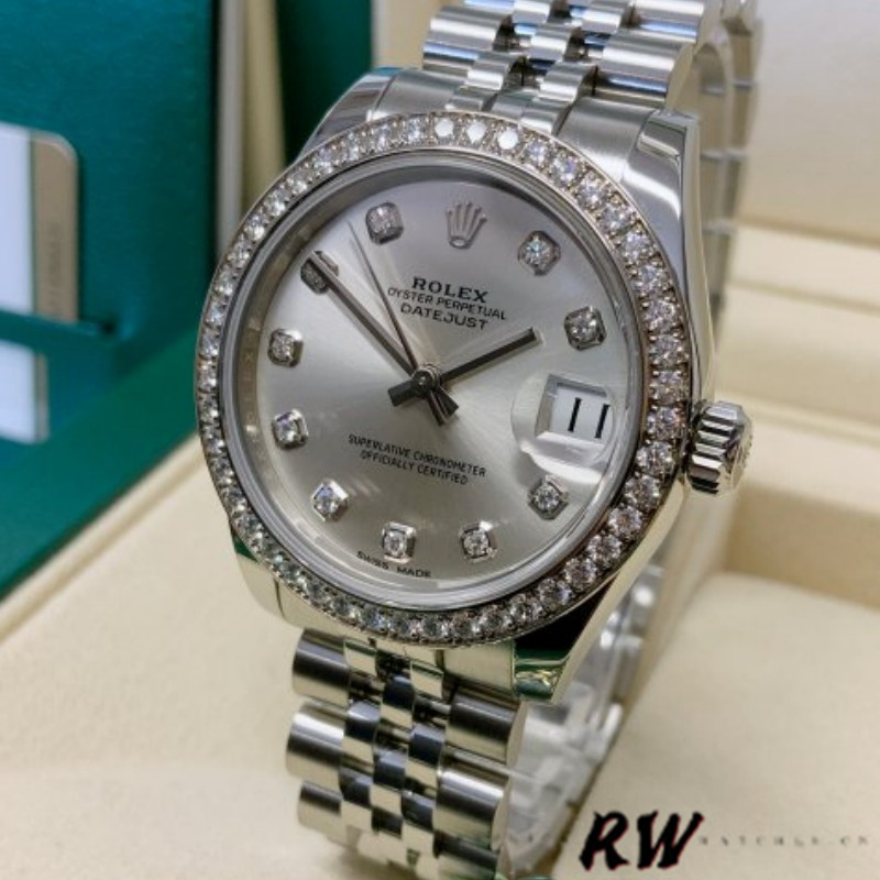 Rolex Datejust 178384 Silver Diamonds Dial Diamond Bezel 31MM Lady Replica Watch