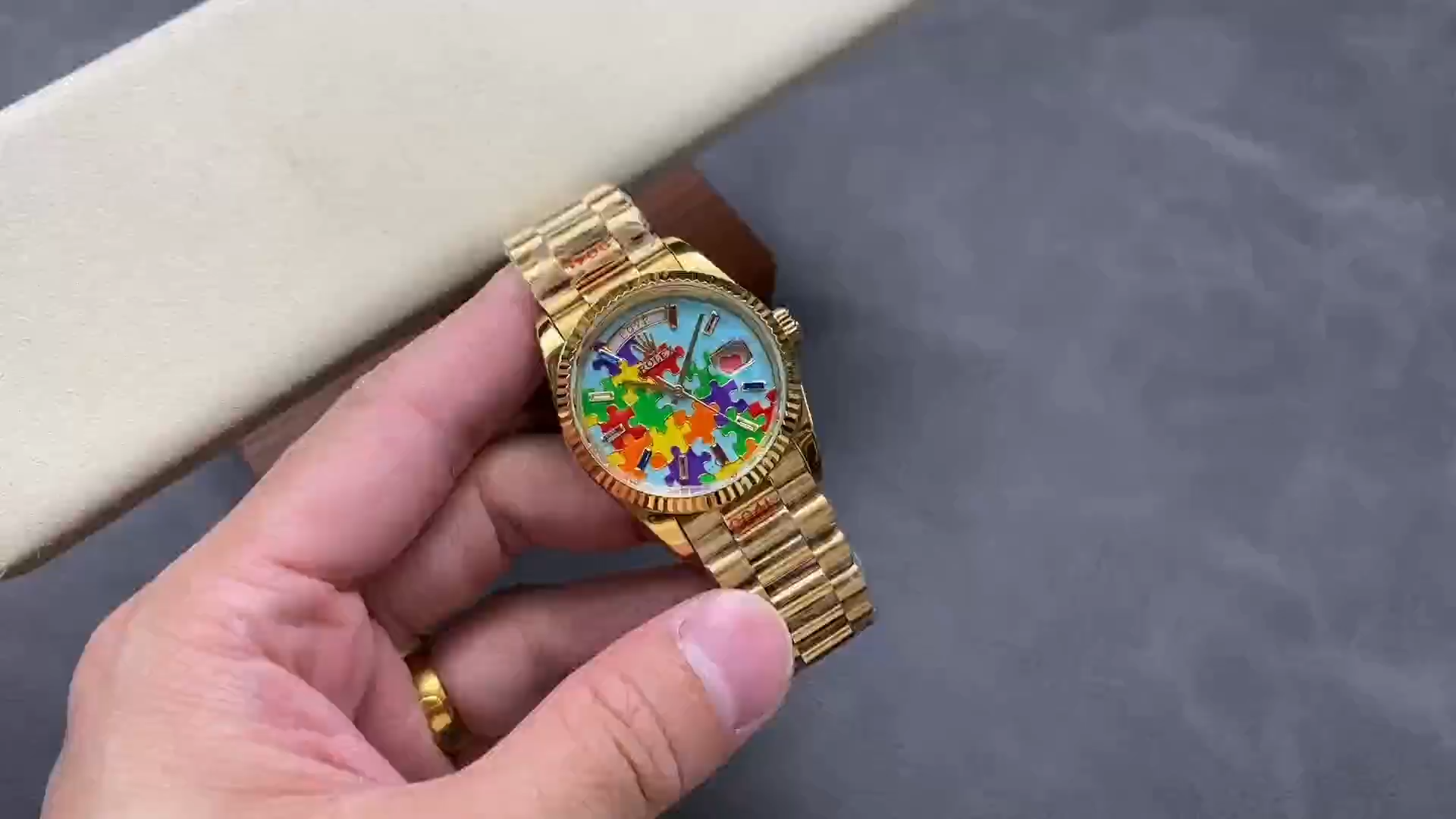 Rolex Day Date 128238-0106 36mm Yellow Gold Fluted Bezel Emoji Puzzle Dial