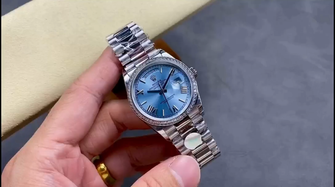 Rolex Day-Date 228396TBR 0030 Ice Blue Dial Platinum Diamond Bezel 40mm Mens Replica Watch