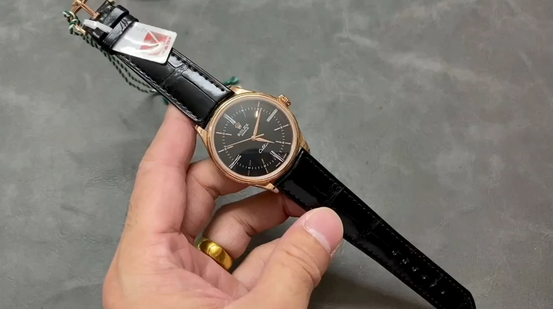 Rolex Cellini Time 50505 Black Leather Strap Black Dial 39mm Mens Replica Watch - Video