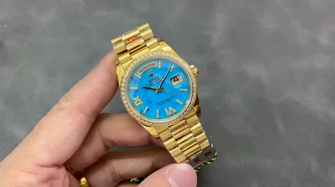 Rolex Day-Date 128348RBR Turquoise Diamond Dial Yellow Gold 36MM Unisex Replica Watch