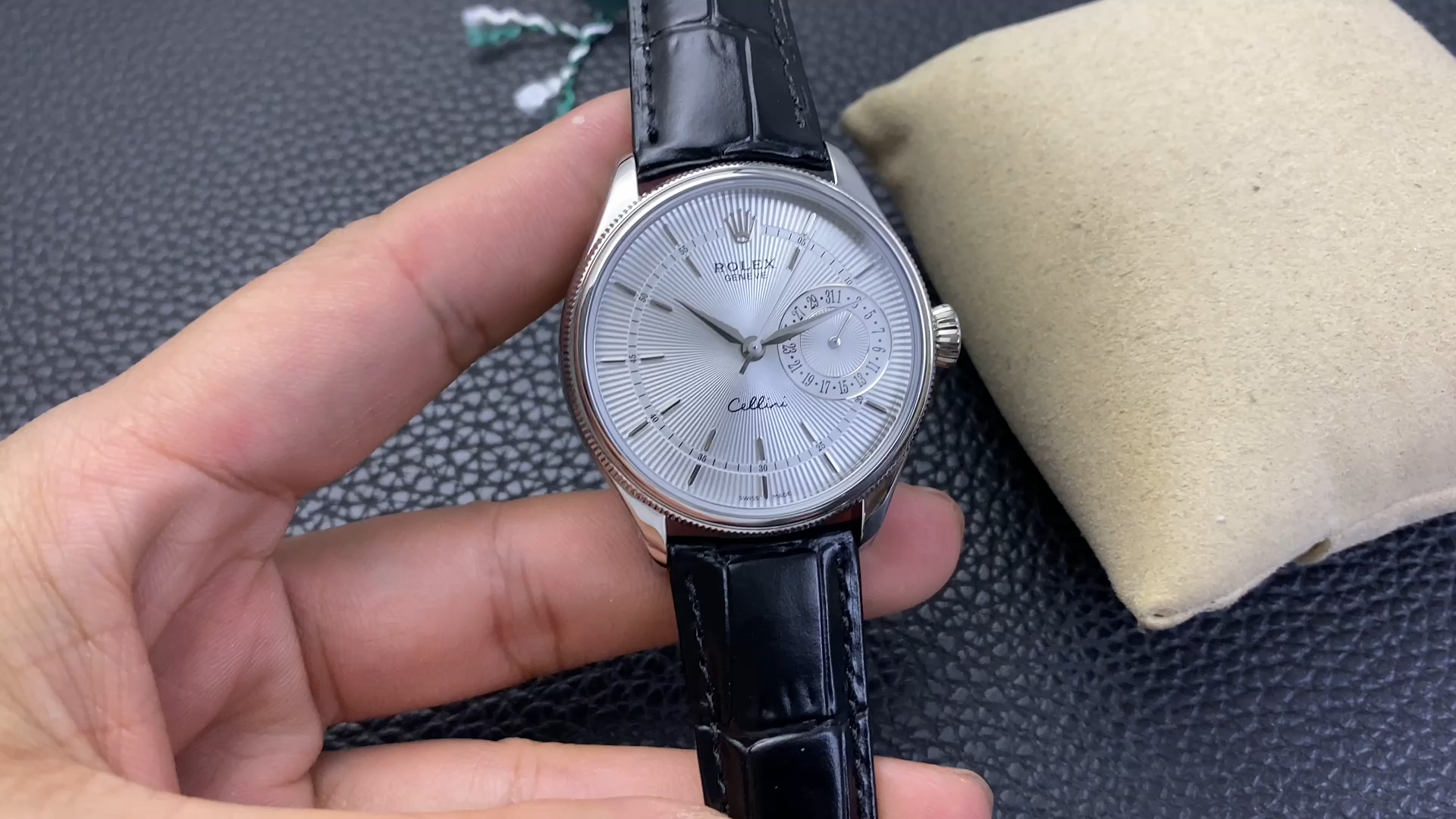 Rolex Cellini Date 50519 Black Leather Silver Dial 39mm Mens Replica Watch - Video