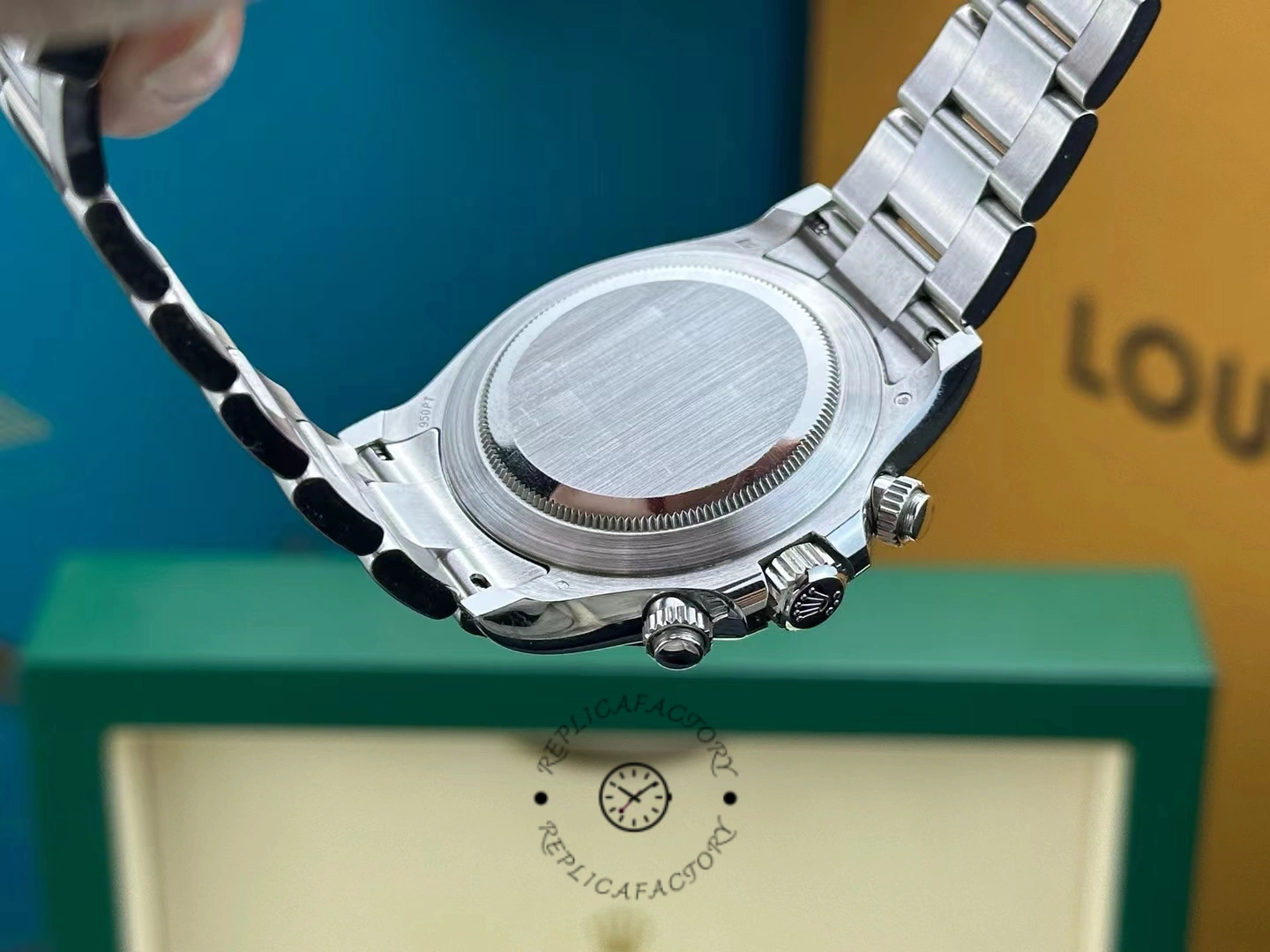 Caseback view of the Rolex Daytona 116506 showing the solid brushed platinum caseback.