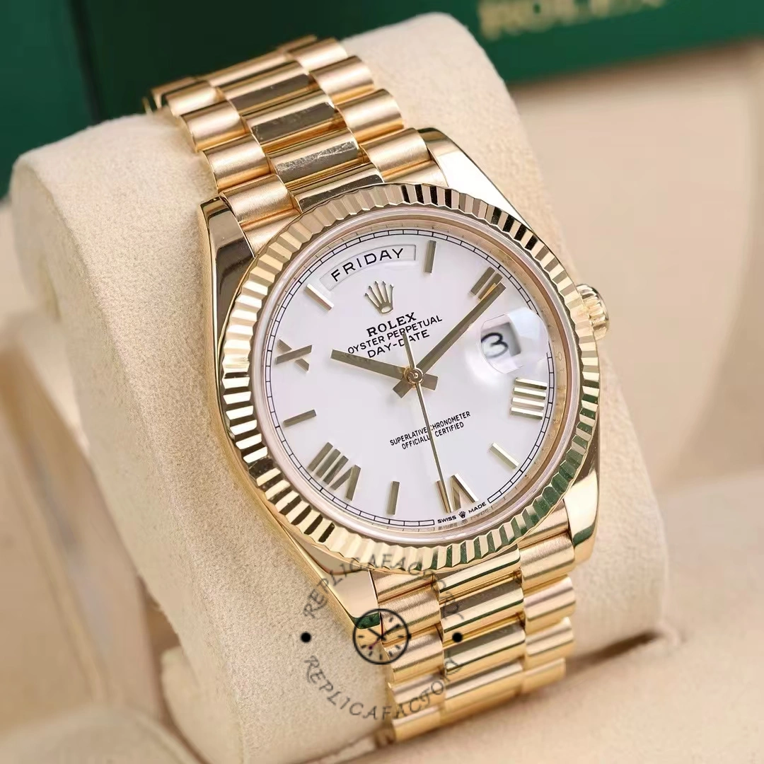 Rolex Day-Date 228238 White Roman Dial Fluted Bezel 40mm Mens Replica Watch