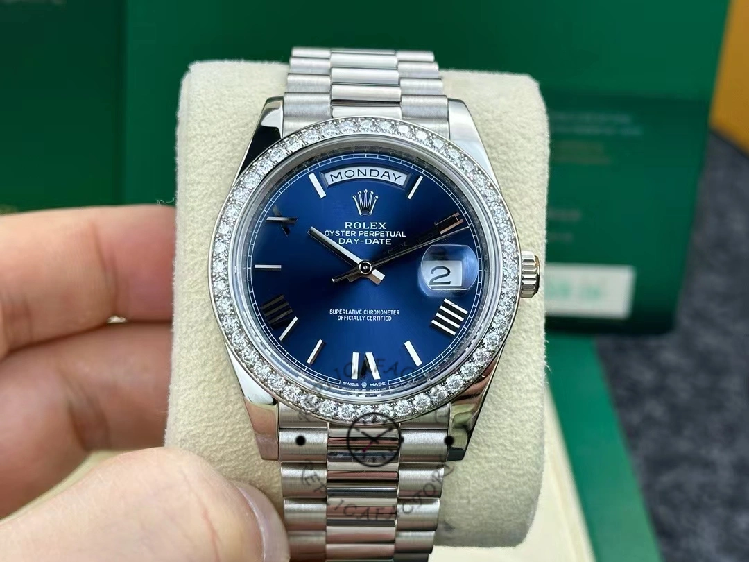 Rolex Day-Date 228349RBR Blue Roman Dial Diamond Bezel 40mm Mens Replica Watch