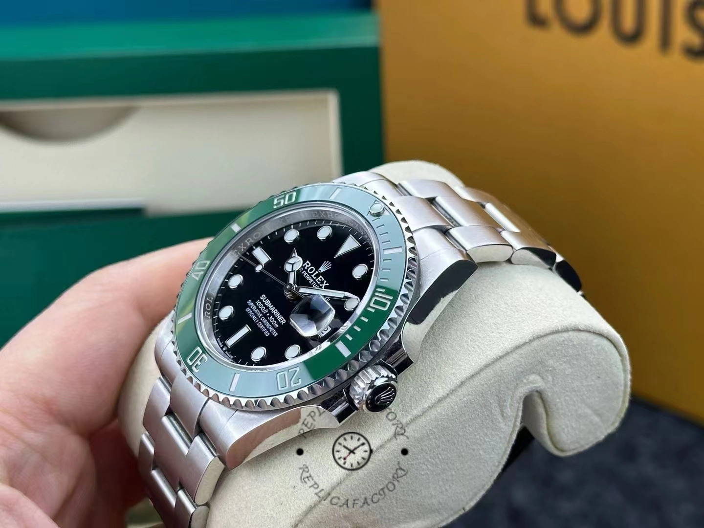 Side angle of used Rolex Submariner 126610LV showing case profile and crown.