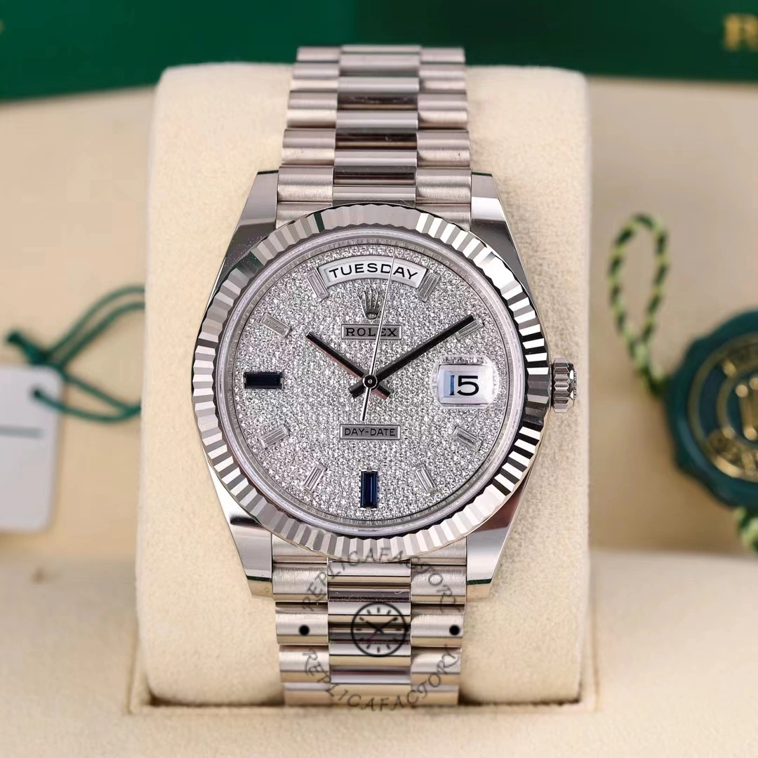 Rolex Day-Date 228239 Diamond Paved Dial Fluted Bezel 40mm Mens Replica Watch