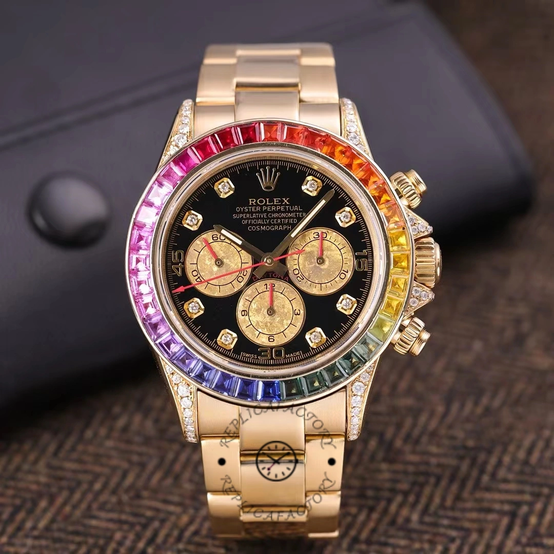 Rolex Daytona 116528 Rainbow Bezel Black Diamond Dial 40mm Mens Replica Watch