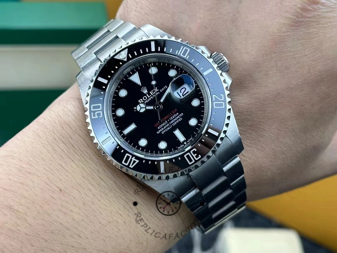 Wrist shot of Rolex Sea-Dweller 126600-0002 on hand showing sporty diver style.