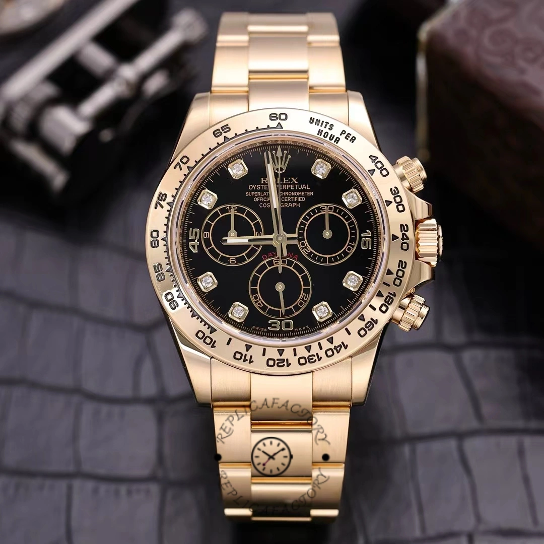 Rolex Daytona 116508 Yellow Gold Black Diamond Dial 40MM Mens Replica Watch