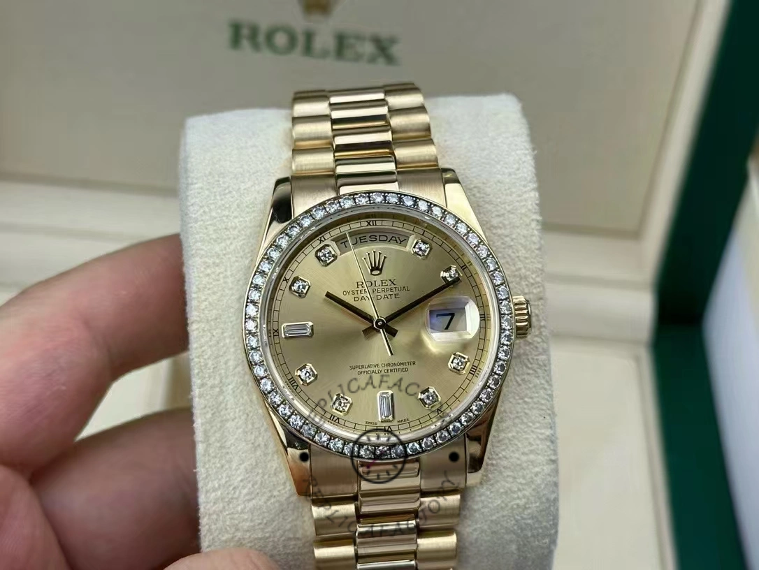 Rolex Day Date 118348 Champagne diamond Dial Yellow Gold 36mm Unisex Replica Watch