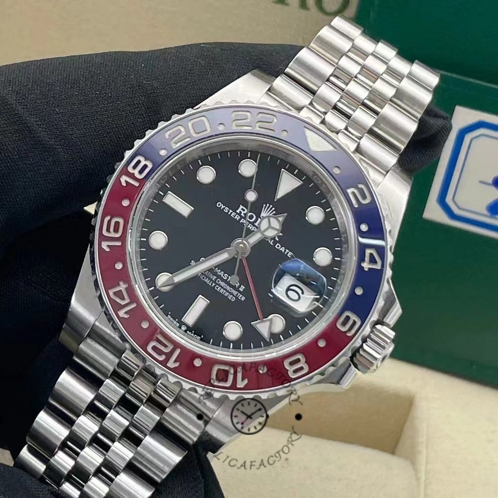 Close view of Rolex GMT-Master II 126710BLRO with red-blue bezel and date window at 3 o&rsquo;clock.