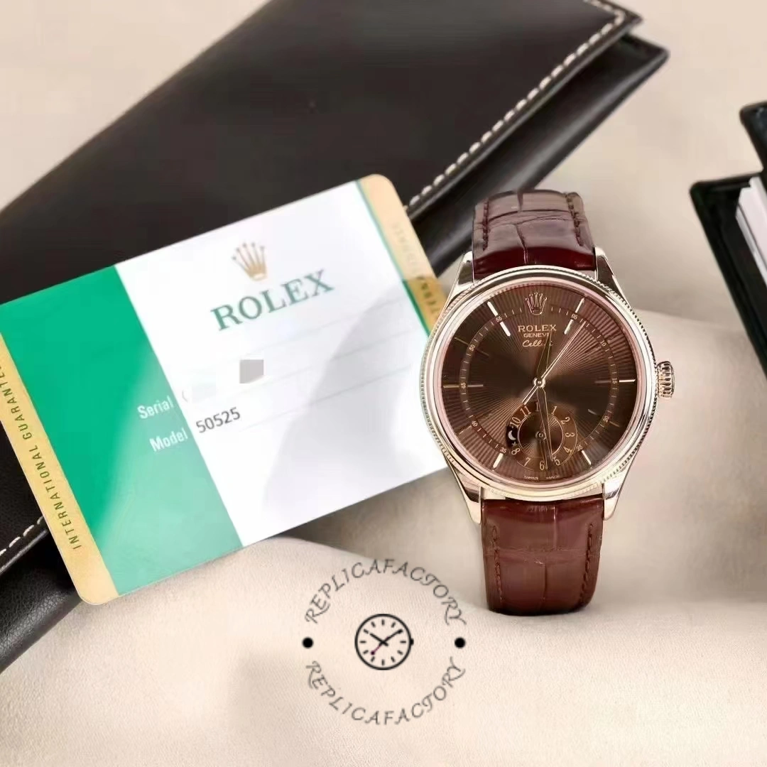 Rolex Cellini Dual Time 50525, full set photo with watch, card, and accessories on table.