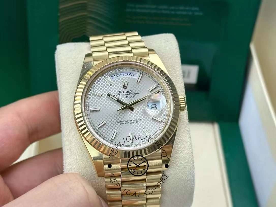 Rolex Day-Date 228348RBR Silver Diagonal Motif Dial Diamond Bezel 40mm Mens Replica Watch