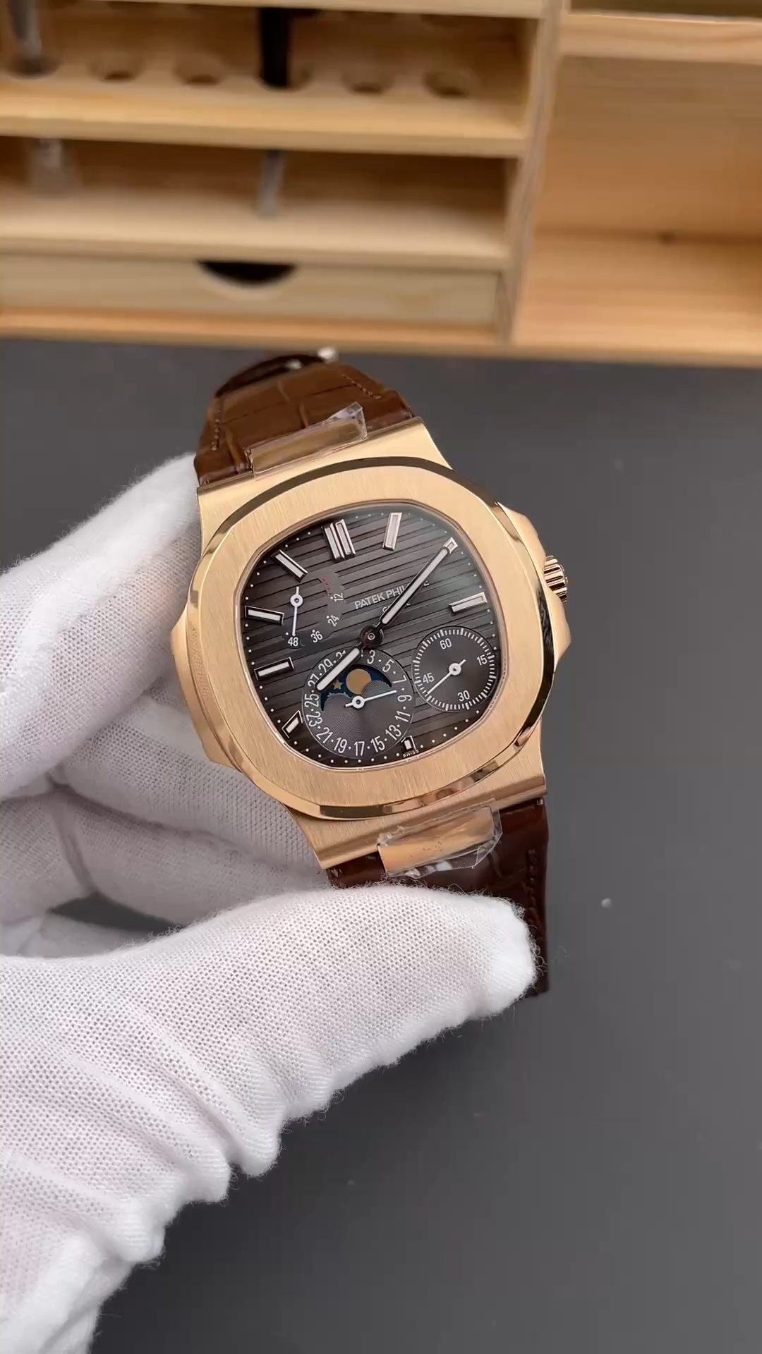 Patek Philippe Nautilus Moon Phases Rose & White Gold Slate Brown Dial 5712GR 001