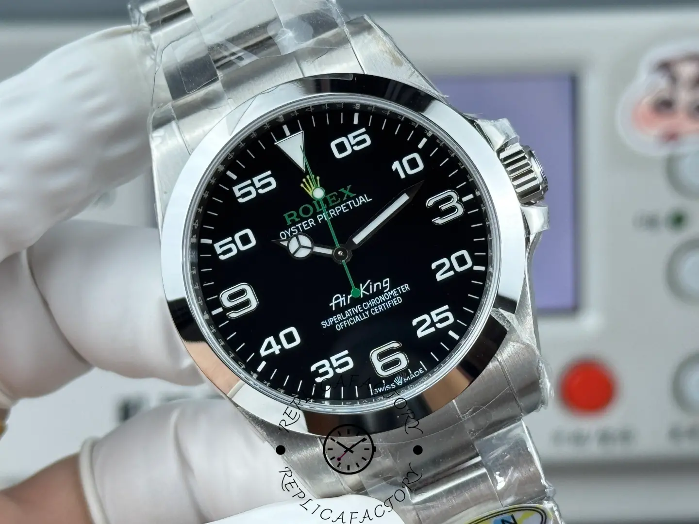 Rolex Air-King 126900 0001, angled close-up showing the case profile and lugs.