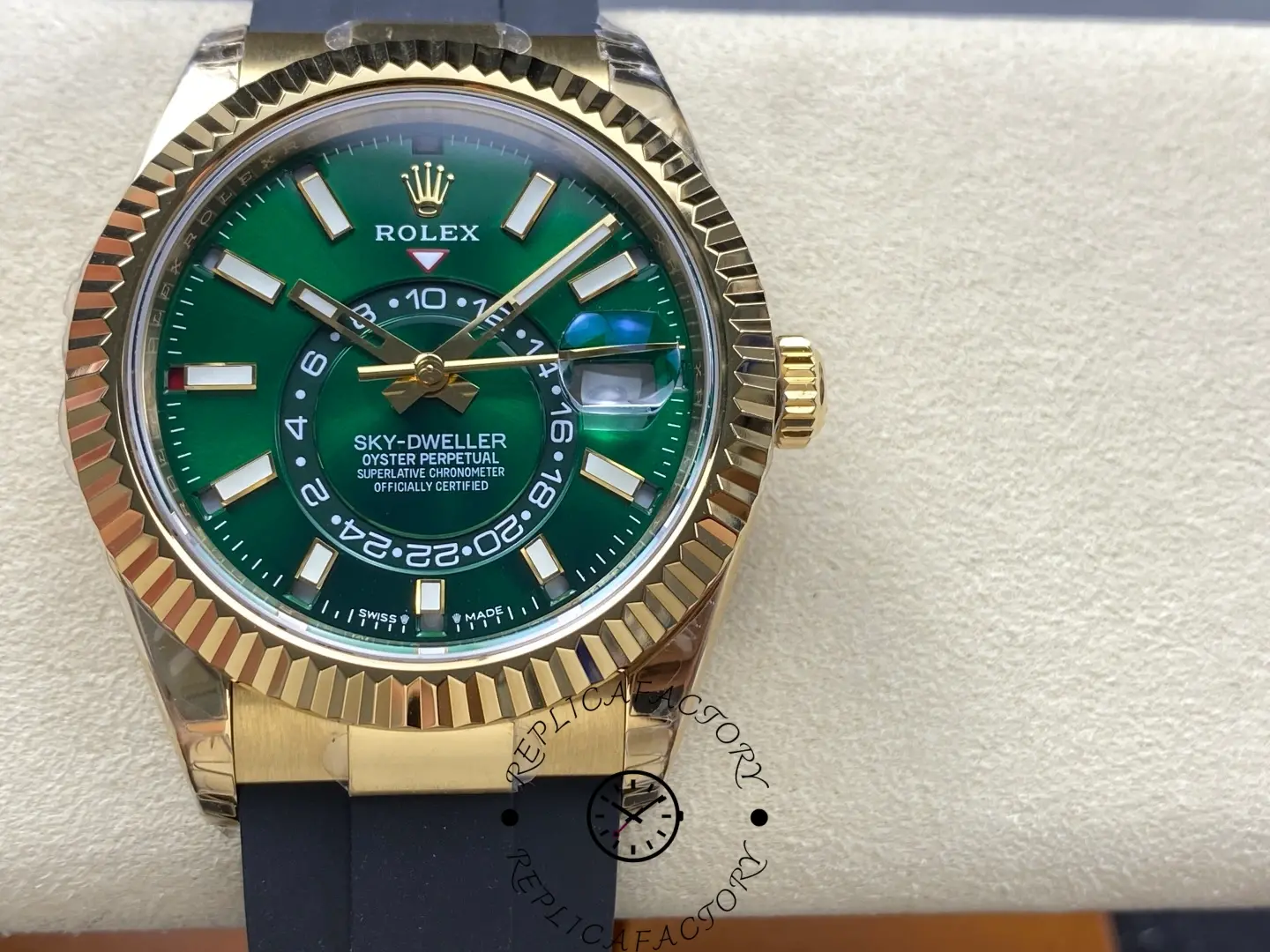 Close-up of the Rolex Sky-Dweller 336238-0004 dial highlighting the annual calendar and dual time display.