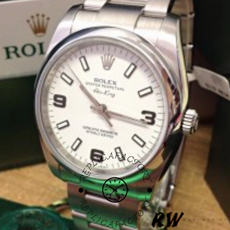 Rolex Air-King 114200, real photo showing white dial, Arabic numerals, and smooth bezel.