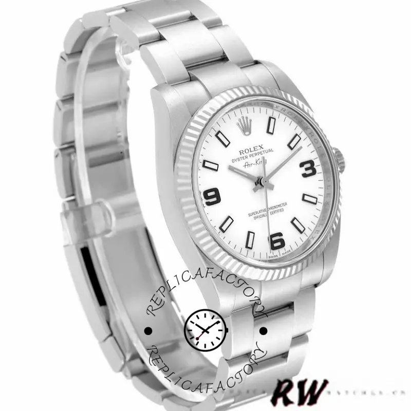 Rolex Oyster Perpetual Air-King 114234, white Arabic dial 34mm, side angle showing fluted bezel.