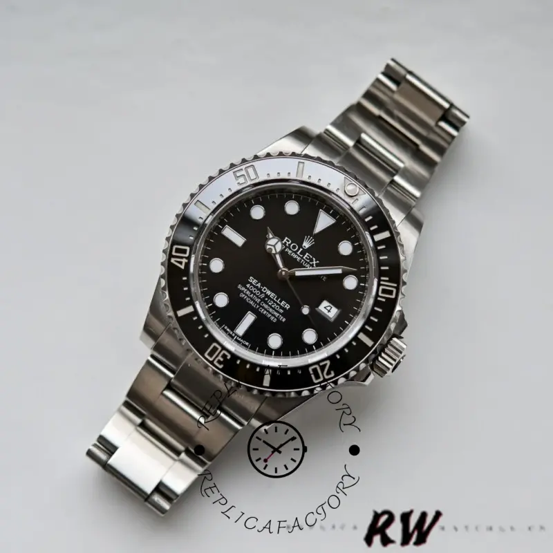 Rolex Sea-Dweller 4000 116600 0001, black dial, angled view showing bezel and bracelet.