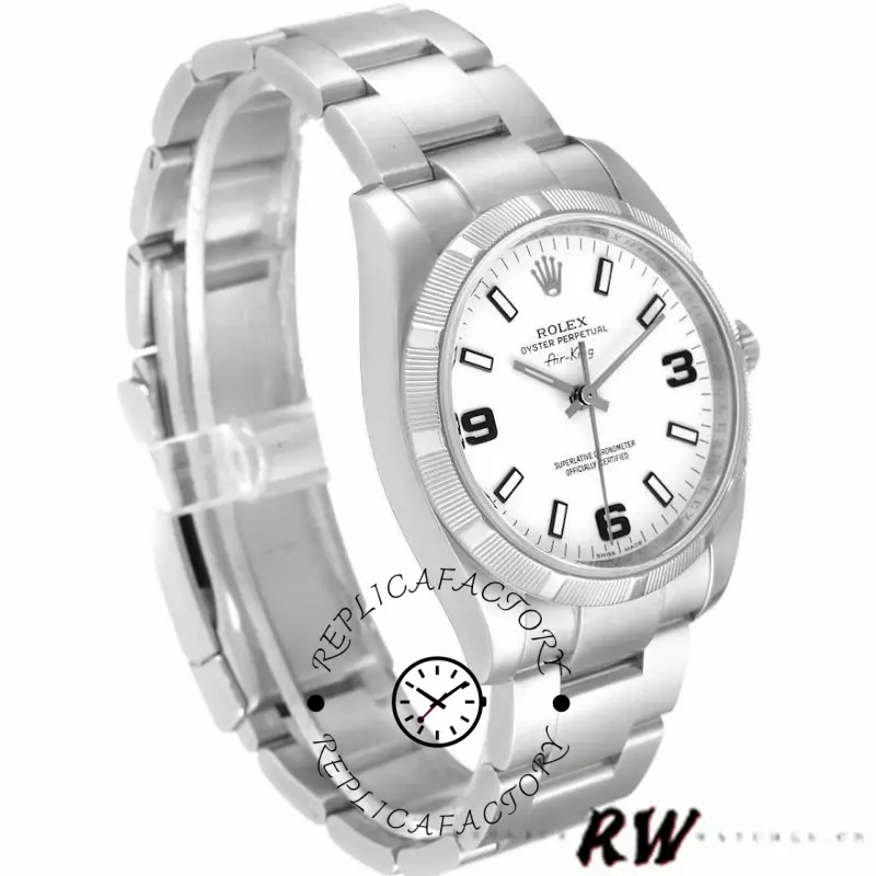 Rolex Oyster Perpetual Air-King 114210, white dial 34mm, side angle showing case and bracelet.