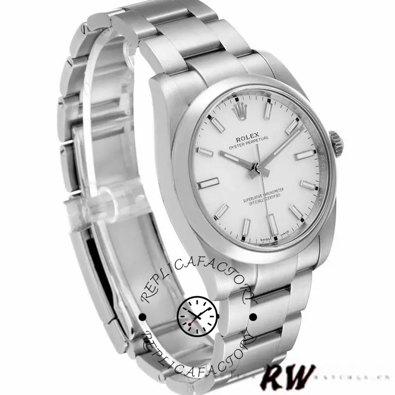 Rolex Air-King 114200, white index dial, stainless steel Oyster bracelet, angled front view.