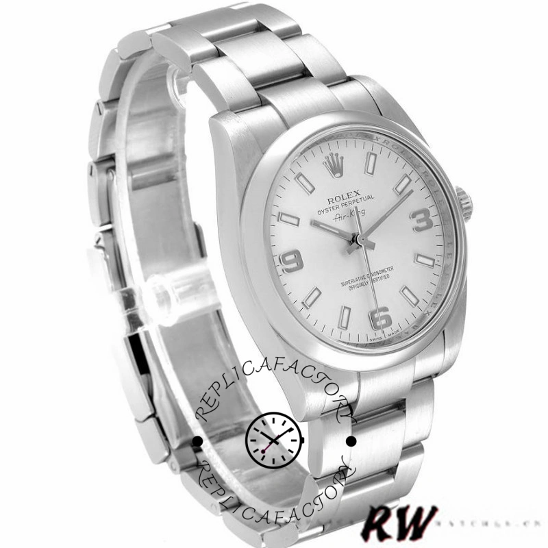Rolex Air-King 114200, silver Arabic dial, stainless steel Oyster bracelet, angled front view.