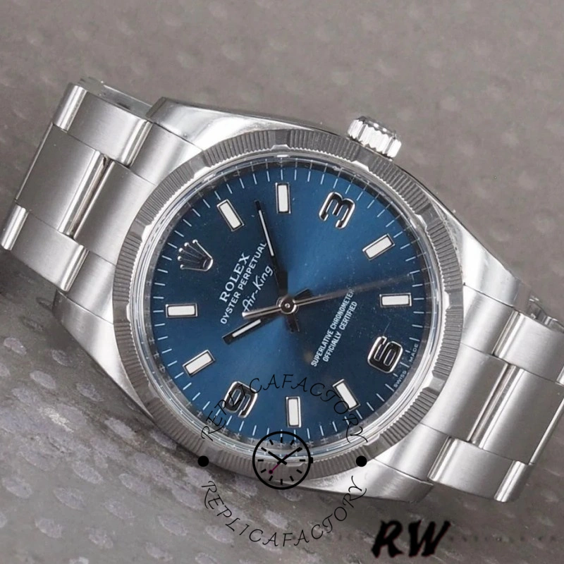 Rolex Oyster Perpetual Air-King 114210, blue dial 34mm, angled close-up showing smooth bezel.