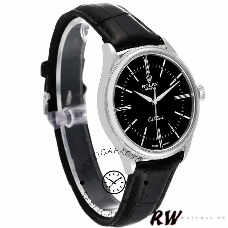 Rolex Cellini Time 50509, angled side view showing polished case and black leather strap.