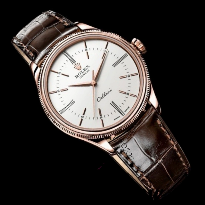 Rolex Cellini Time 50505 angled view, white dial with rose gold markers, brown leather strap.