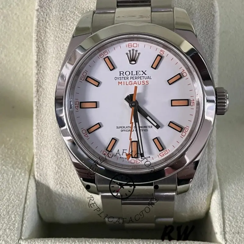 Rolex Milgauss 116400 on cushion, white dial and orange seconds hand, stainless steel bracelet.