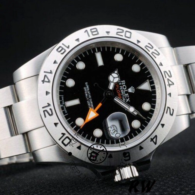 Rolex Explorer REP016820, angled dial view showing orange GMT hand and 24-hour bezel.