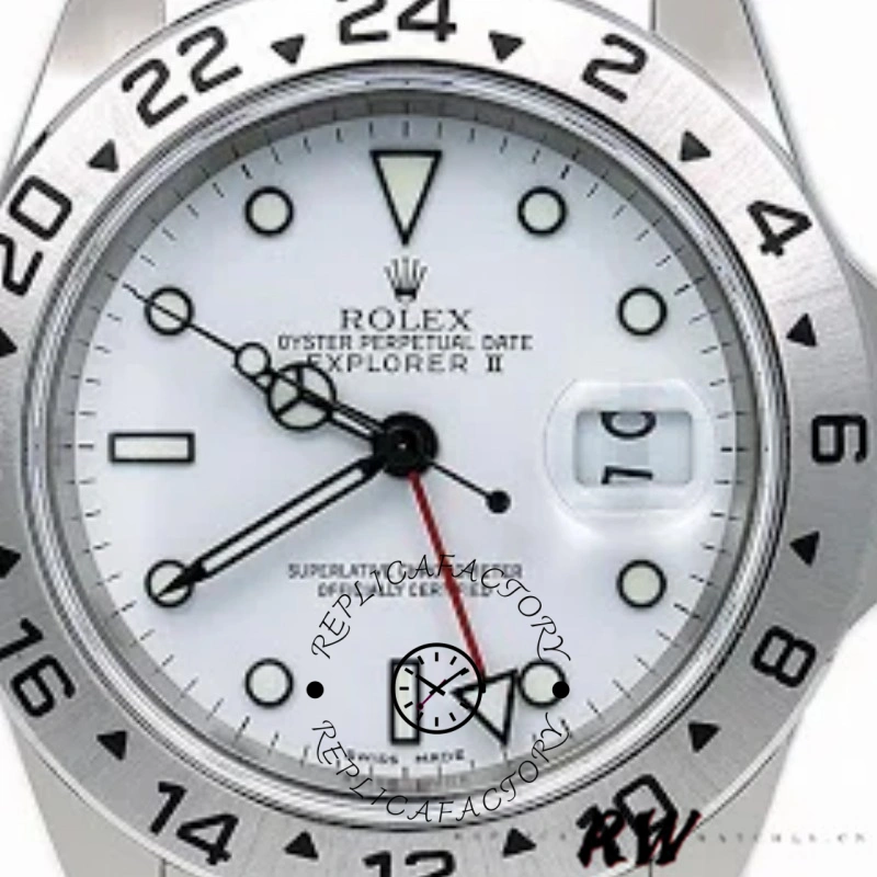 Close-up of the Rolex Explorer II 16570 dial, showing hour markers, hands, and 24-hour bezel.