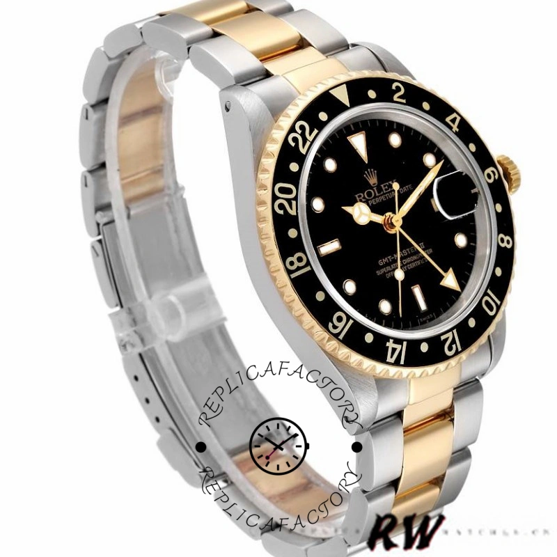 Rolex GMT-Master II 16713LN, angled side view showing black bezel and two-tone bracelet.