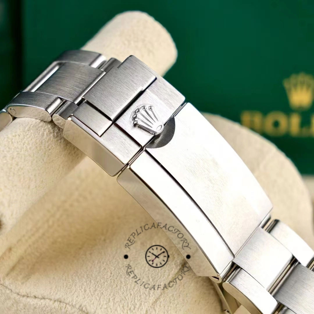 Bracelet clasp of Rolex Explorer 224270 showing engraved Rolex crown on brushed steel.